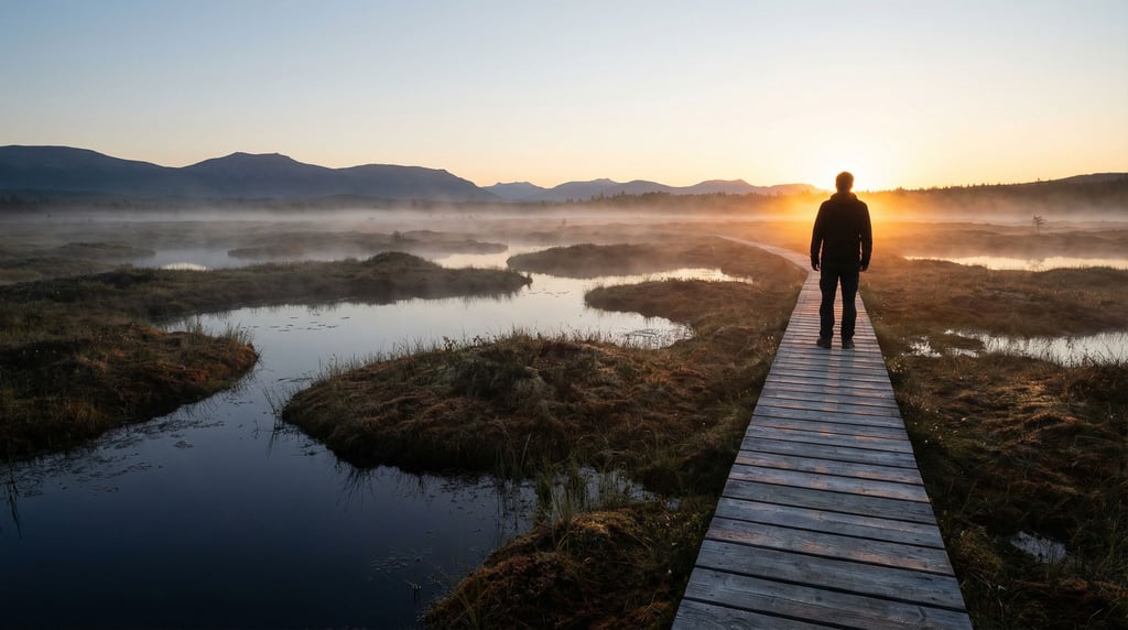 Peat bog at dawn, pools of dark water between hummocks of sphagnum moss, mist hanging low (gevguxx2)