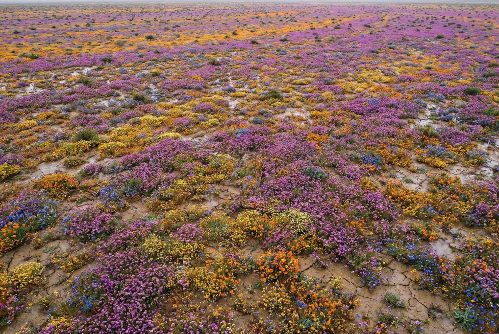 Desert wildflower superbloom, millions of tiny flowers carpeting cracked earth in vivid color to the (yruqdv1y)