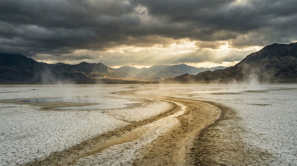 Dried lakebed with cracking mud patterns stretching to distant mountains, bleached white and minimal (yiefpr8p)