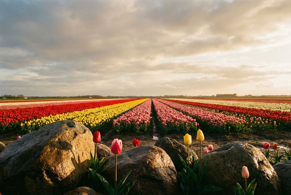 Tulip fields from directly above, bold stripes of red, yellow, pink (c3apn1x9)