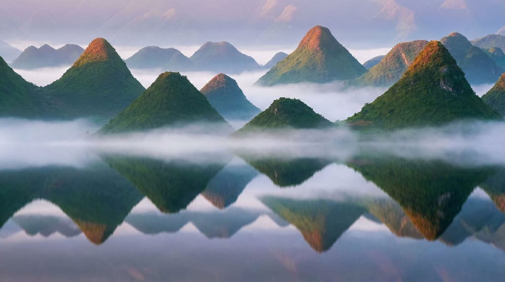 Karst landscape with conical green hills, morning mist pooling in the valleys between them (aps844v3)