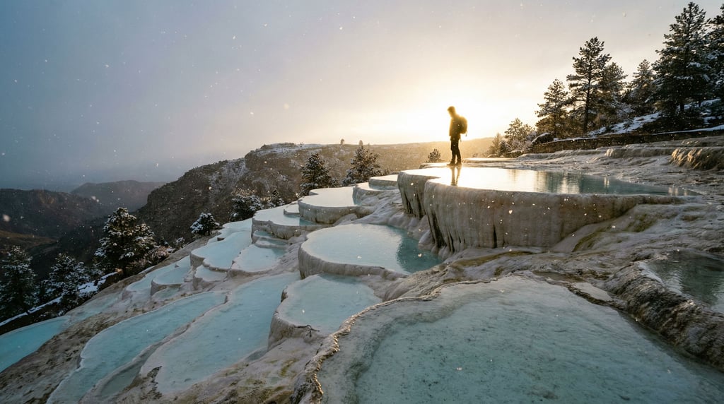 Hot spring terraces, calcium carbonate pools cascading down a hillside in white and pale blue (fyrwuoxa)