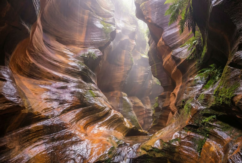 A slot canyon with light beams penetrating from above (wl02njko)