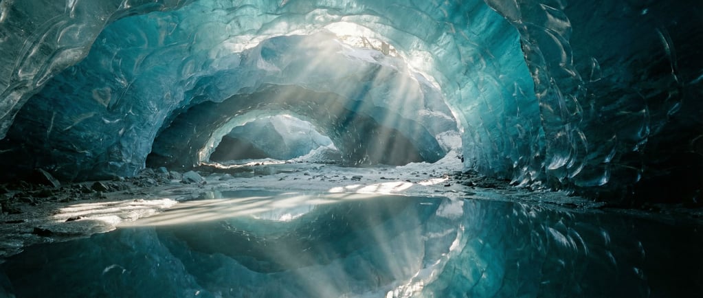 Ice cave interior, translucent blue walls with sunlight filtering through from above (afpubns)