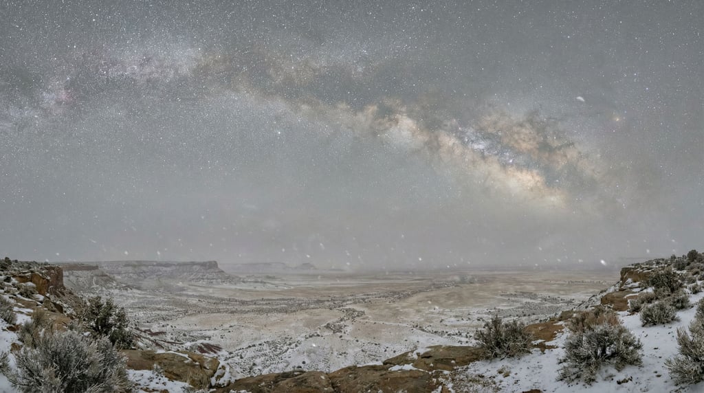 Milky Way arching over a flat desert landscape, stars sharp and countless, no light pollution (blhobwhc)