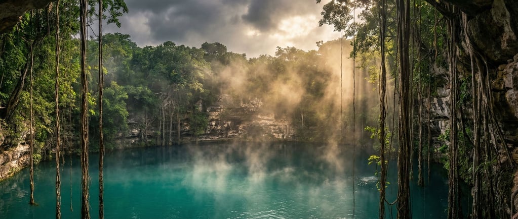 A cenote in dense jungle, circular sinkhole with turquoise water far below (6tjvvqu)