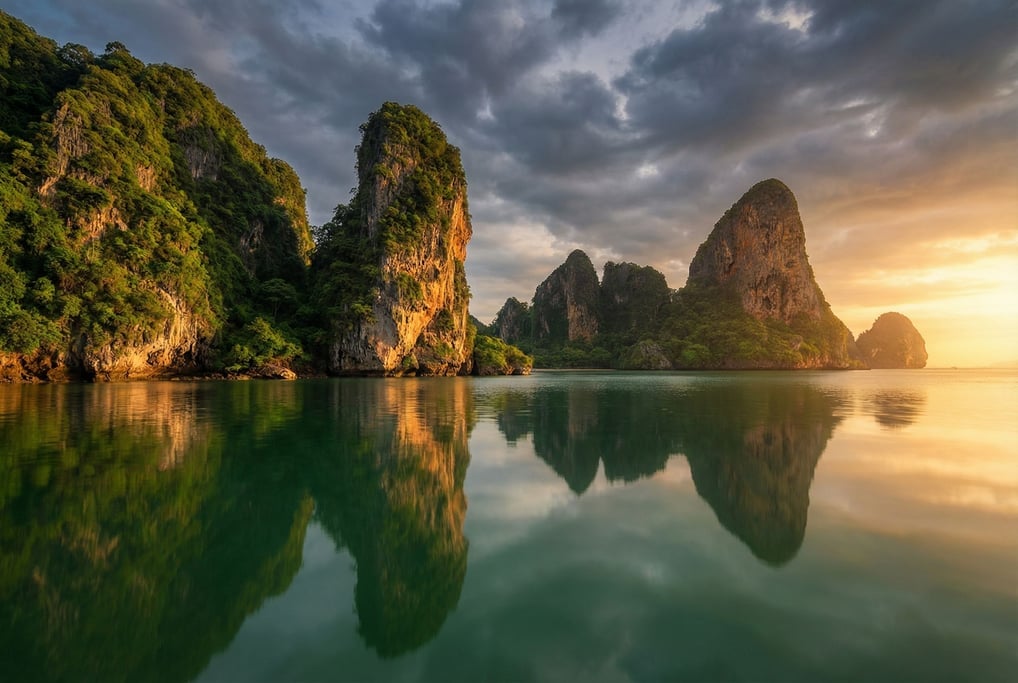 Limestone karst towers rising from calm emerald sea, vertical green cliffs reflected in still water (2bvzgahv)
