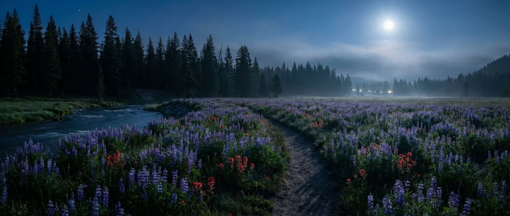 Wildflower meadow at the edge of a pine forest, lupines and paintbrush in vivid purple and red (3jluiwkw)