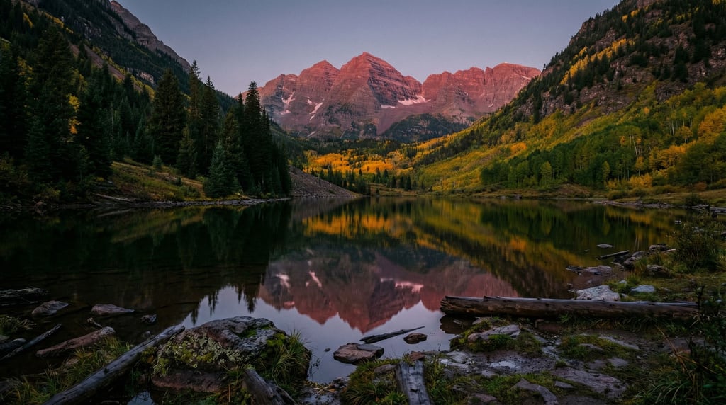Autumnal mountain reflected in a beaver pond, aspen gold and spruce green doubled in still water (e2jcxhj2)