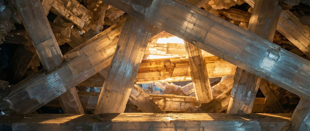 Crystal cave interior, massive selenite beams crossing at angles (f3i4ture)