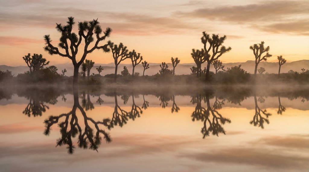 Joshua trees silhouetted against a gradient desert sunset sky (gmcqxpww)