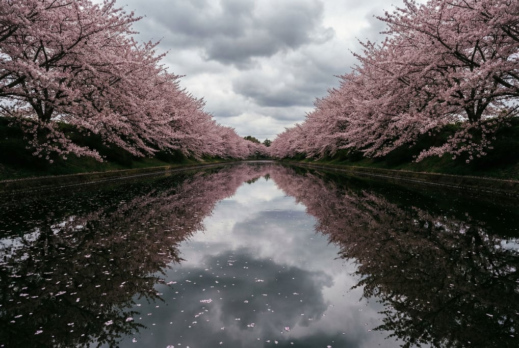Cherry blossom canopy over a still canal, pink petals floating on dark water, spring in full force (qgaqstm)