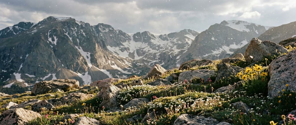 A high alpine meadow above treeline, tiny wildflowers among rocks (ornoy6)