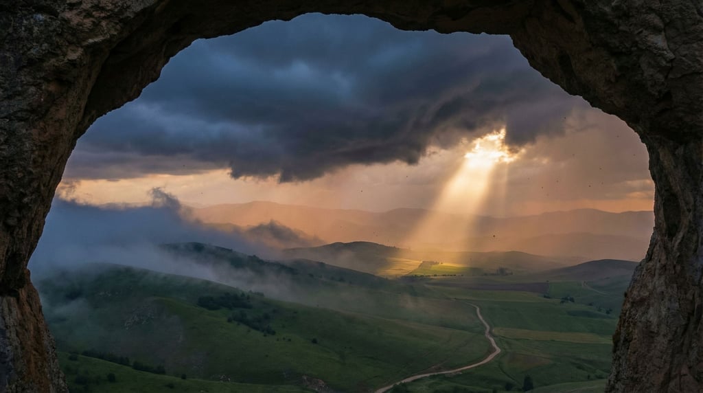 Rolling green hills under a dramatic stormy sky (njbhzbe0)