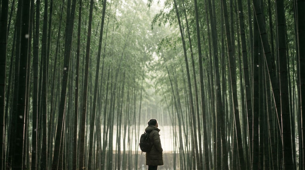 Bamboo grove, perfectly vertical green stalks in dense rows (tjeb67v2)