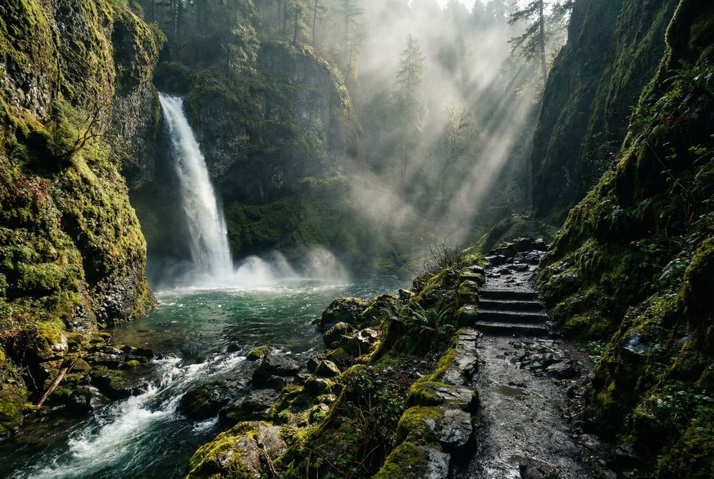 Waterfall plunging into a mossy gorge, mist rising into angled sunbeams, emerald pool at the base (pzqpjxru)