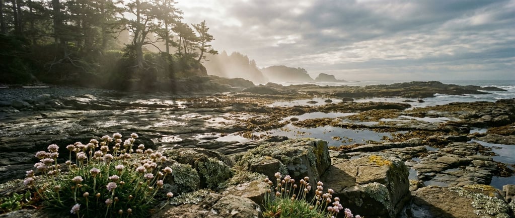 Wave-cut platform at very low tide, tide pools and kelp exposed, rocky shoreline geometry (rv1jsppc)