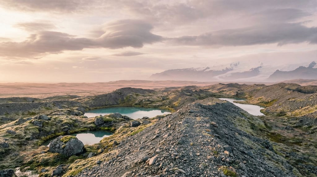 Glacial moraine landscape, gray gravel ridges and turquoise kettle ponds left behind by retreating i (m965xqfr)