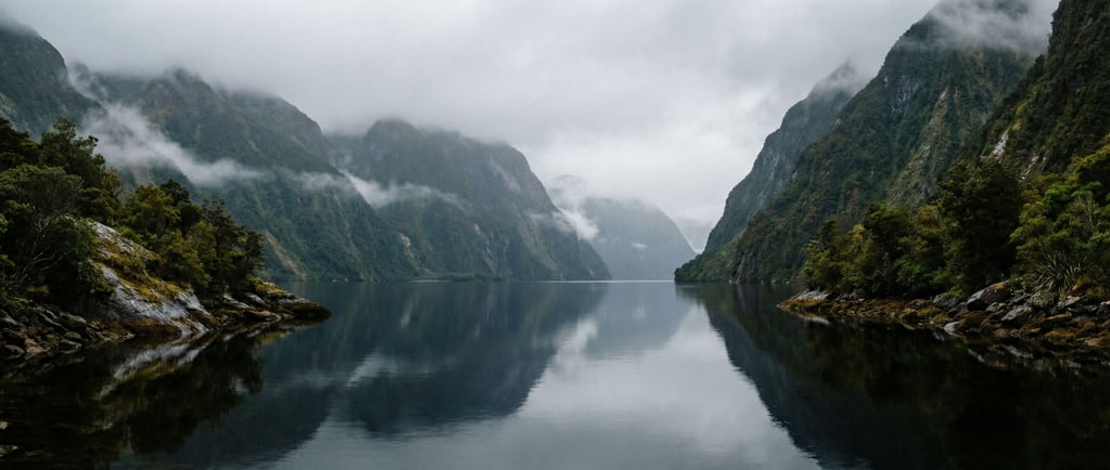 Fjord at dawn, dark mirror-still water stretching between steep green mountains disappearing into mi (yalgxee5)