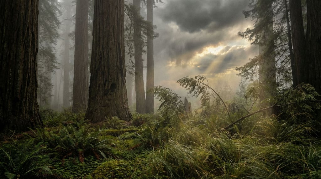 Old-growth redwood forest, massive trunks disappearing into fog
