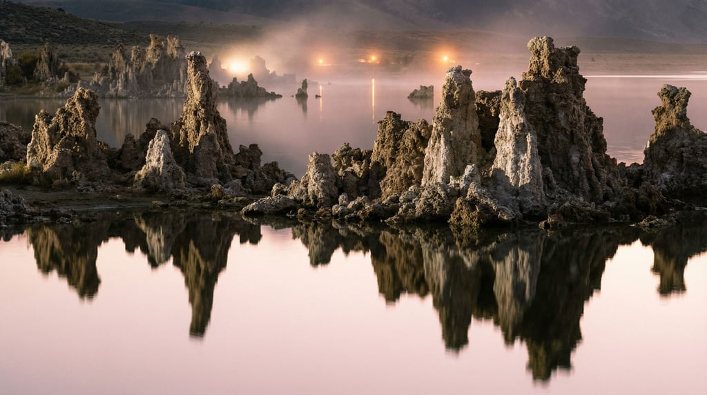 Tufa towers rising from alkaline lake water (5drzxn36)