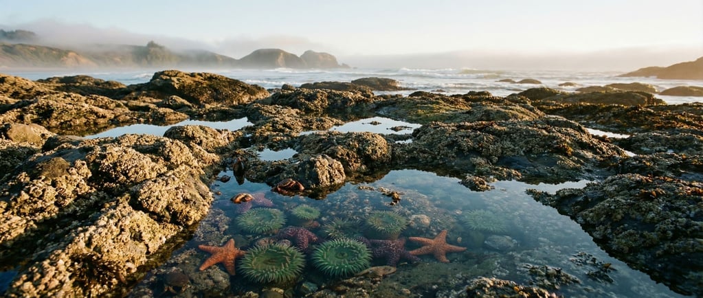 Rocky tide pool at low angle, sea anemones and starfish in shallow crystal-clear water (exon7tbv)