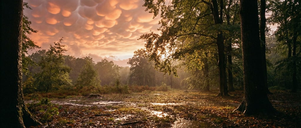 Mammatus clouds at sunset, hundreds of bulbous cloud formations lit from below in gold and pink (bz5knkjm)