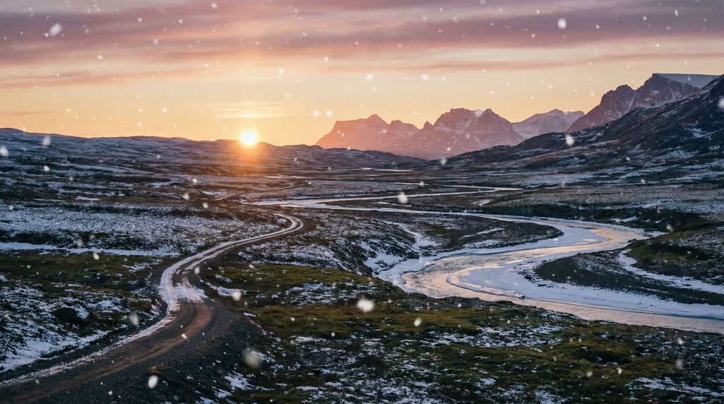 Midnight sun hovering just above the arctic horizon, casting endless golden light across tundra (qan6z6h)