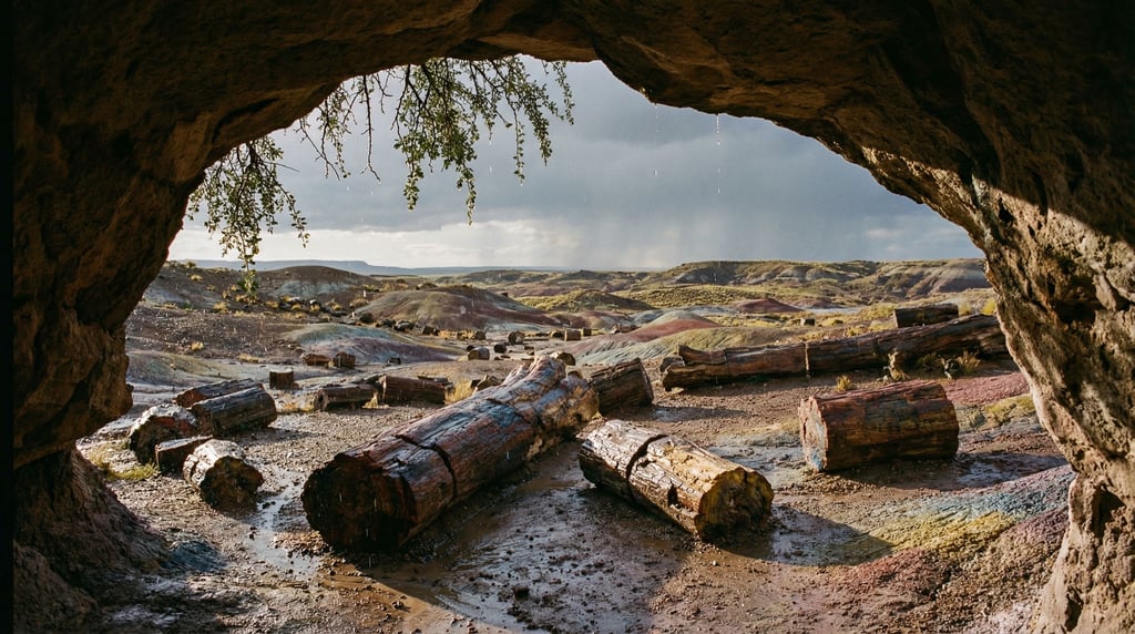 Petrified forest, fallen stone trunks scattered across painted desert