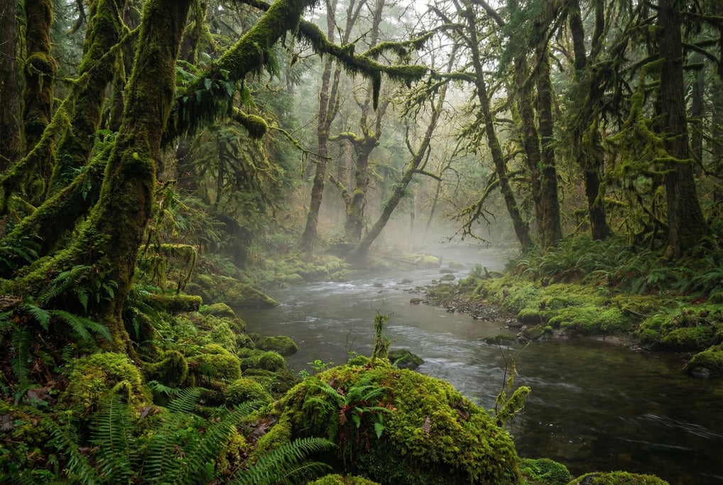 Moss-covered temperate rainforest, every surface draped in emerald green (qjcomerq)