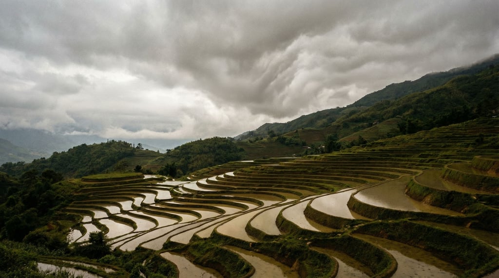 Terraced rice paddies reflecting sunset (ntqbp)