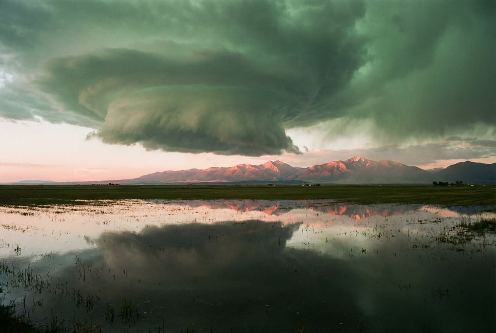 Supercell thunderstorm over open plains, structured rotating clouds with a green-tinged sky (nd9s8wre)