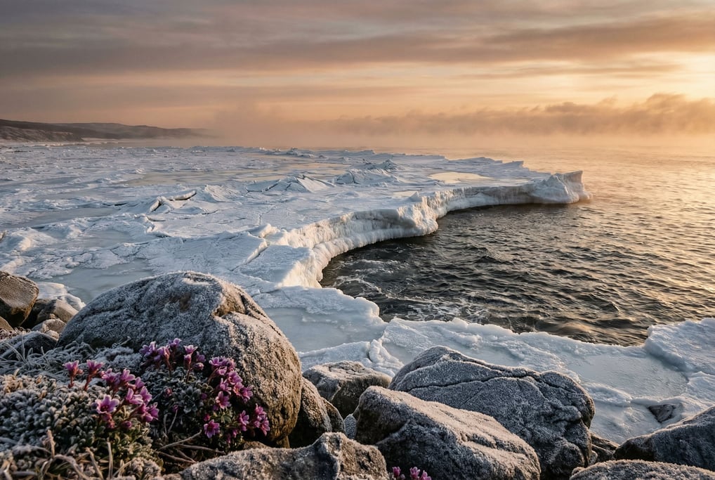 Frozen ocean shoreline, shelf ice meeting dark open water at a sharp boundary line (jkimzmm)