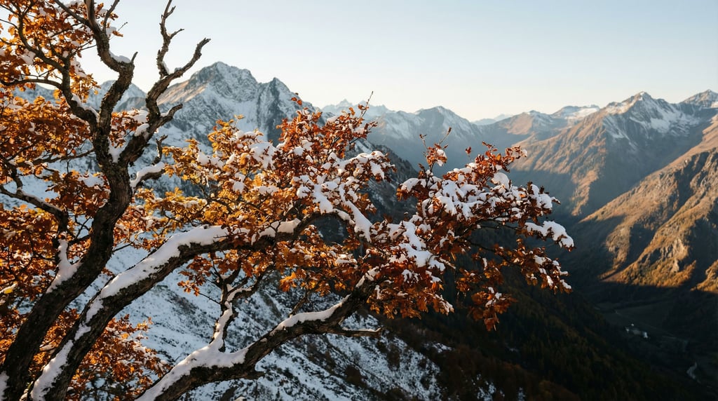 First snow settling on autumn leaves still clinging to branches, two seasons colliding in one frame (kk7zyiid)