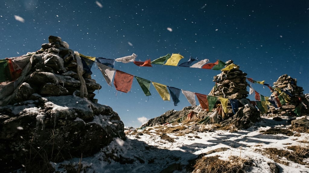 A mountain pass with colorful prayer flags strung between cairns (bbutlawc)