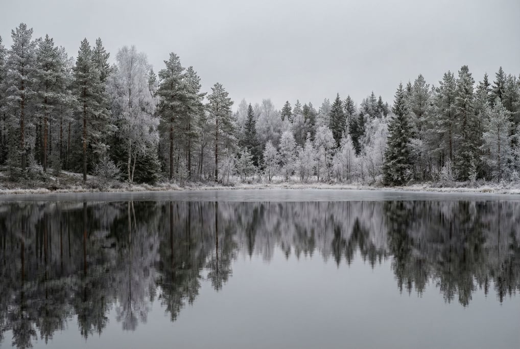 Frost-covered boreal forest at sunrise, every needle and branch outlined in delicate white crystal (mhhew4wb)