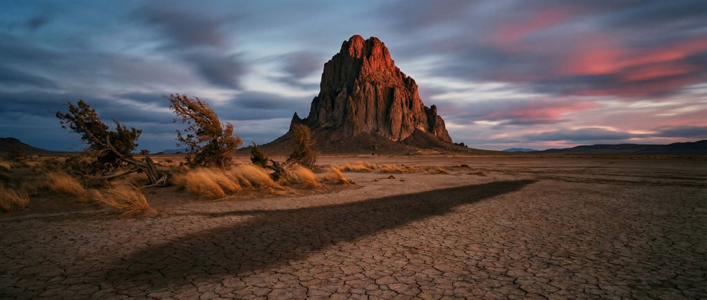 A volcanic plug rising alone from flat desert
