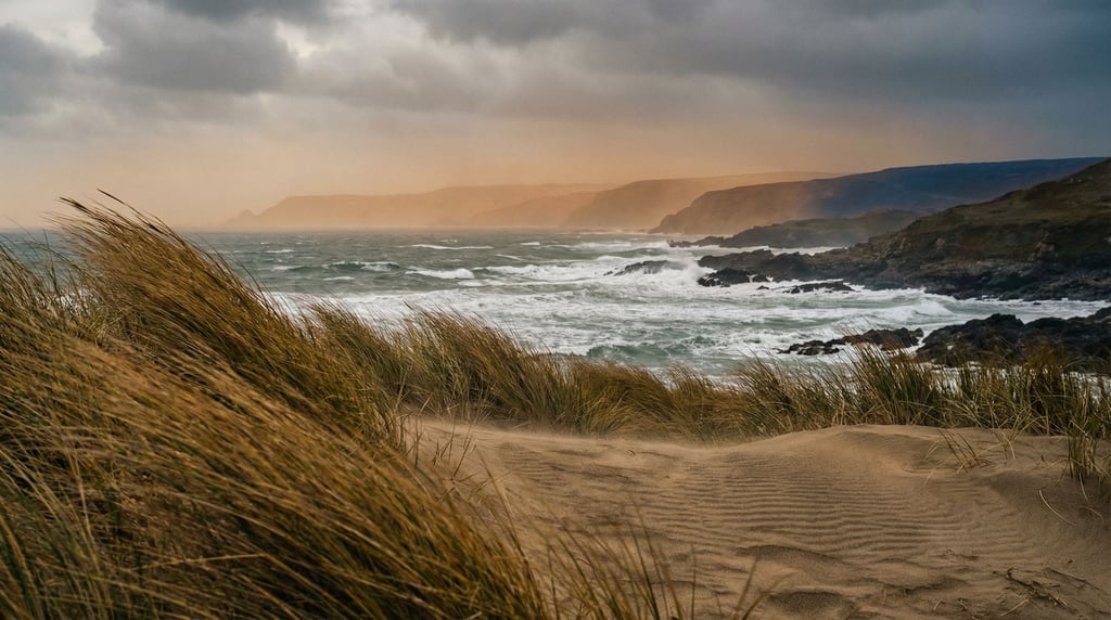 Coastal dune grass bending in strong wind, sand ripples in the foreground, stormy sea beyond (erbgneh7)