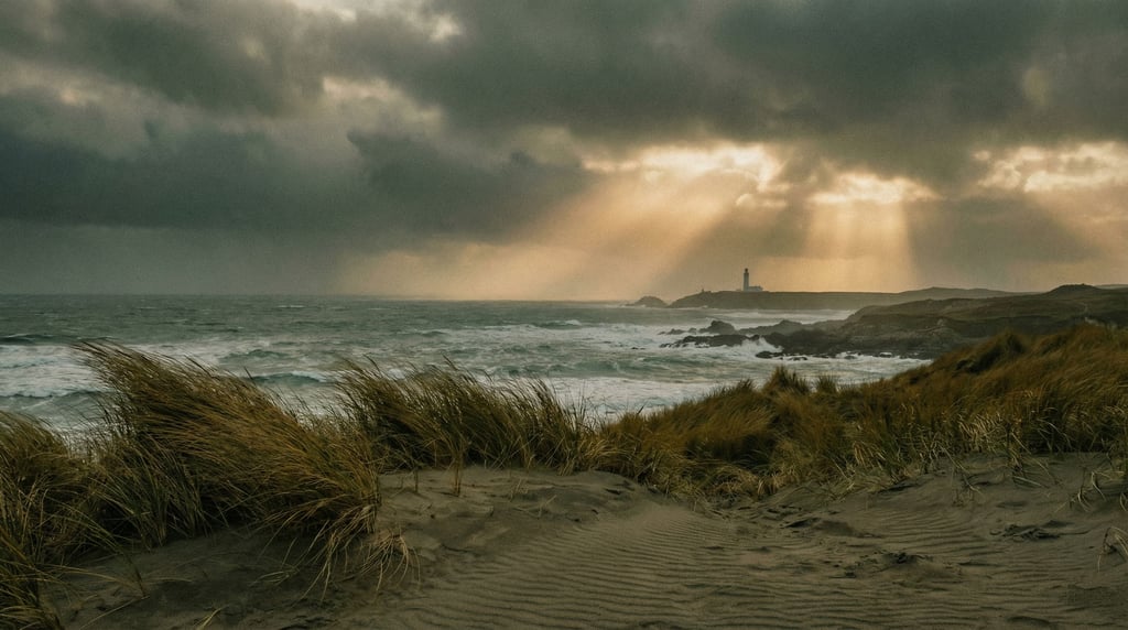 Coastal dune grass bending in strong wind, sand ripples in the foreground, stormy sea beyond (0kmkhint)
