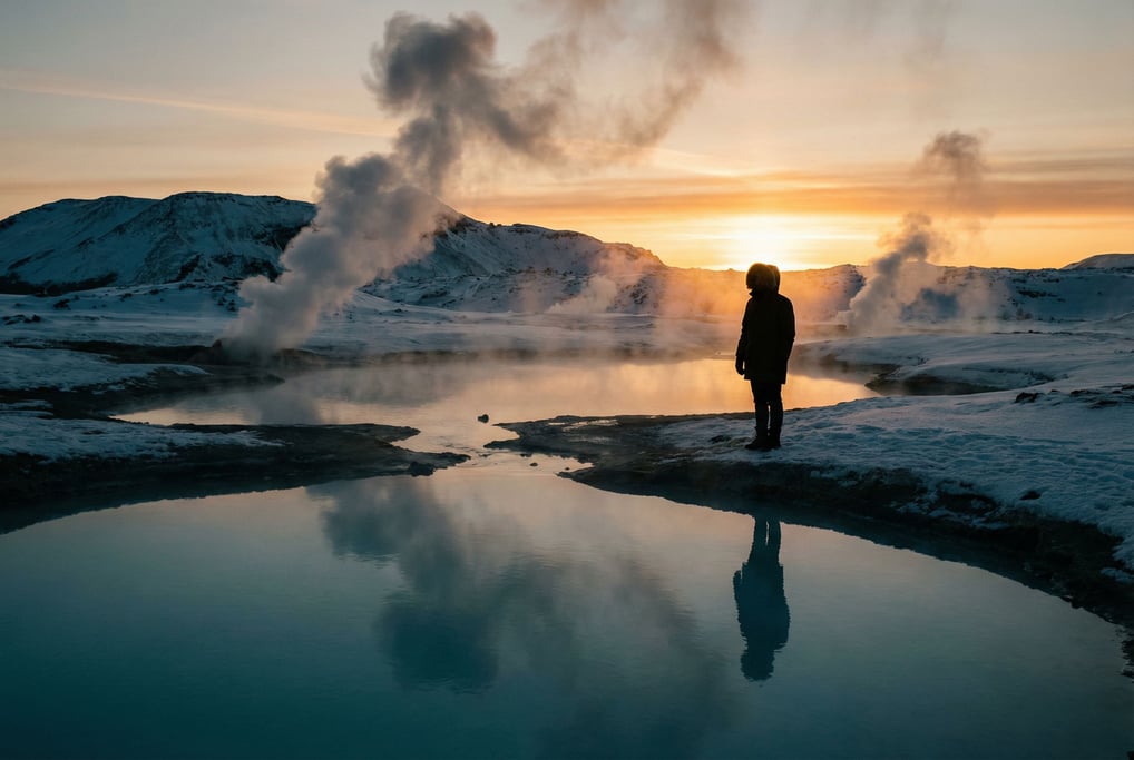 Snow-covered volcanic hot springs, steam rising from turquoise mineral pools into sub-zero air (nhoqki2l)