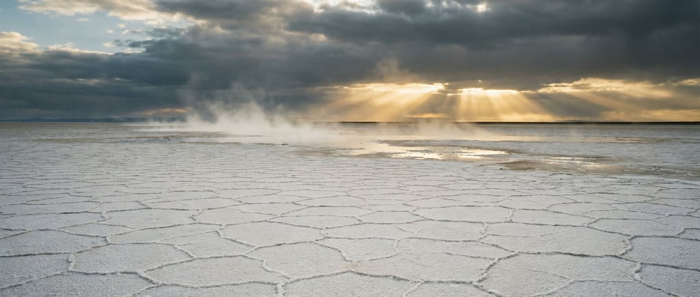 White salt flats stretching to the horizon, hexagonal crack patterns under a cloudless sky (0tbyhhjf)