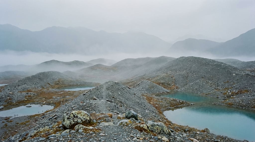 Glacial moraine landscape, gray gravel ridges and turquoise kettle ponds left behind by retreating i (6mqjzxou)