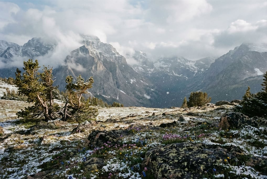A high alpine meadow above treeline, tiny wildflowers among rocks (4k)