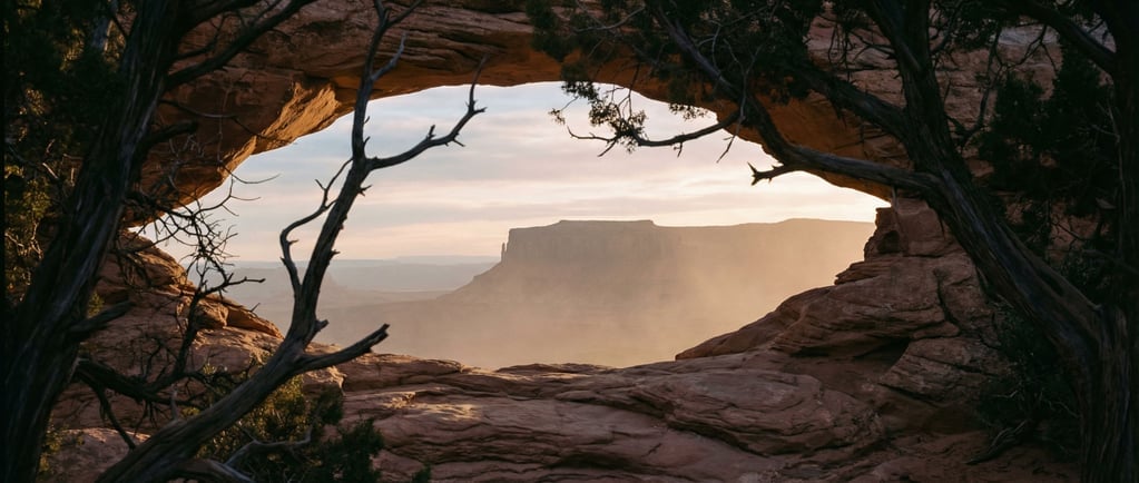 Wind-carved sandstone arches framing a distant mesa, warm red rock against blue sky (qexxo6n)