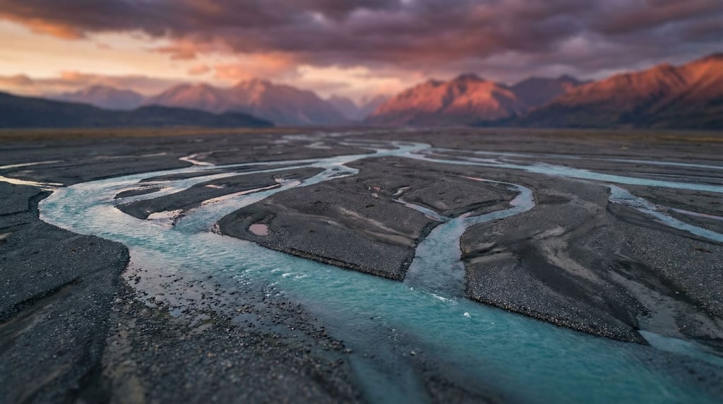 Turquoise glacial meltwater river braiding across a gray gravel plain, seen from above (707t347p)