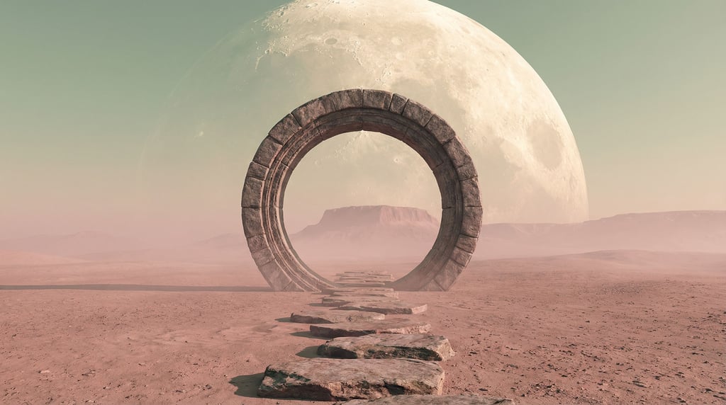 A massive circular stone portal standing in a barren pink-tinted desert