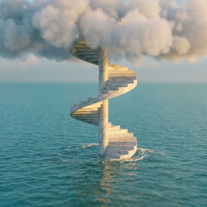 A spiral staircase carved from white marble rising from the center of a calm turquoise ocean