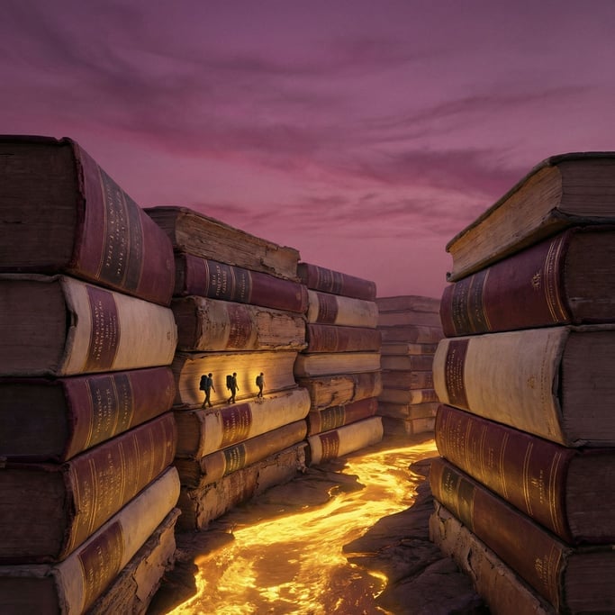 A canyon where the rock walls are made of enormous stacked books with visible spines and titles