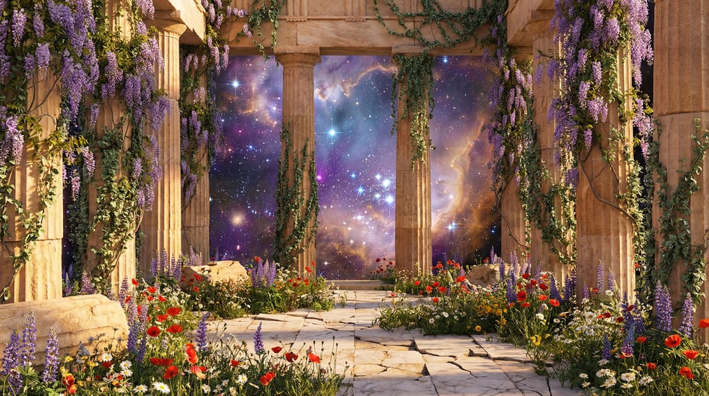 An ancient Greek temple ruin where wildflowers have grown through the marble floor and columns are w