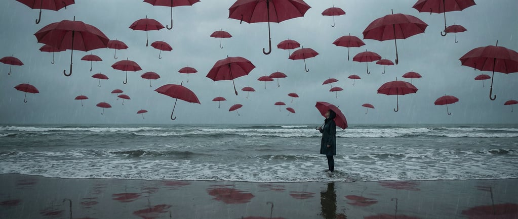Hundreds of red umbrellas floating in the air above a rainy grey beach